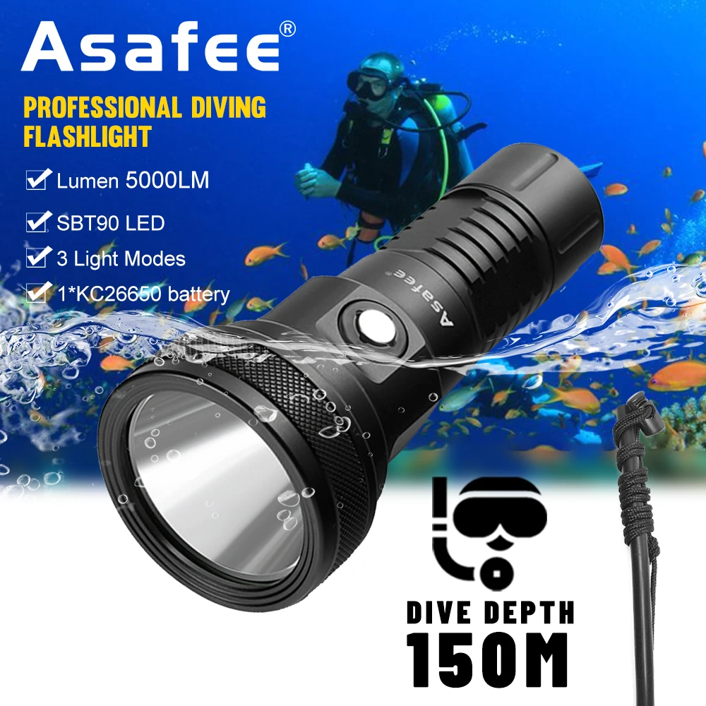 Asafee DT01 150M Underwater Diving Flashlight 5000LM SBT90 LED Powerful Waterproof Torch Scuba Diving Lantern