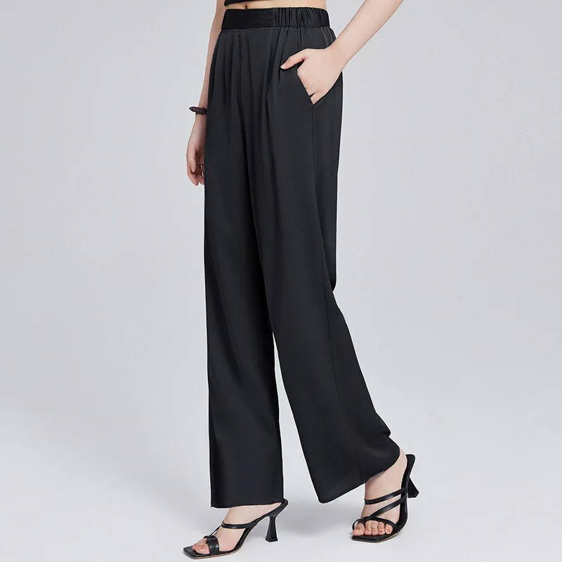 Birdsky, 1PC Women trousers pants wide leg straight pant 95% real mulberry silk 5% spandex solid 2 colors, S-1121