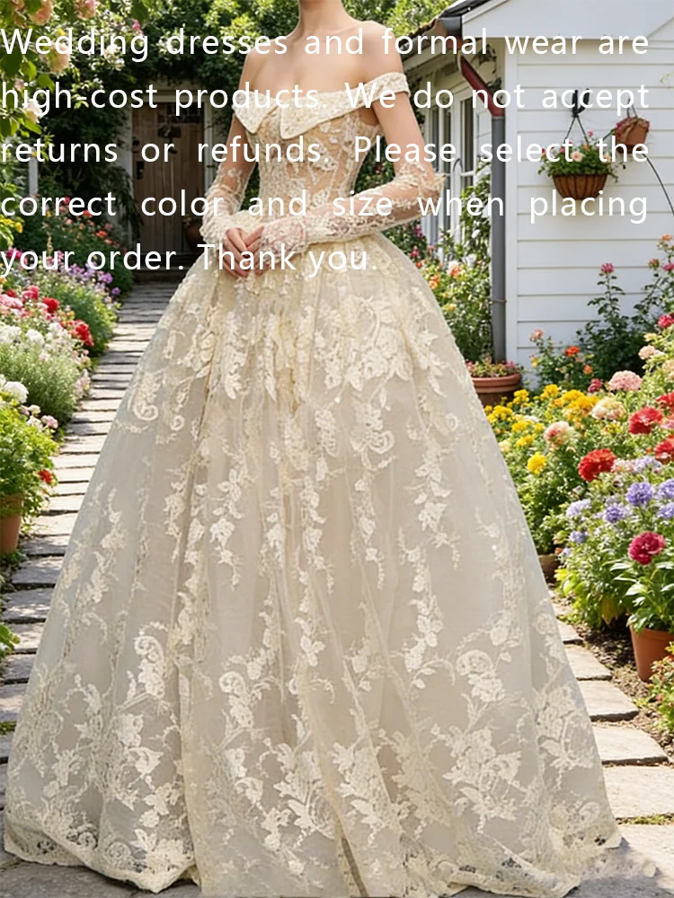 أنيقة قبالة الكتف الدانتيل كم كامل ألف خط فساتين زفاف العروس أثواب الزفاف حسب الطلب