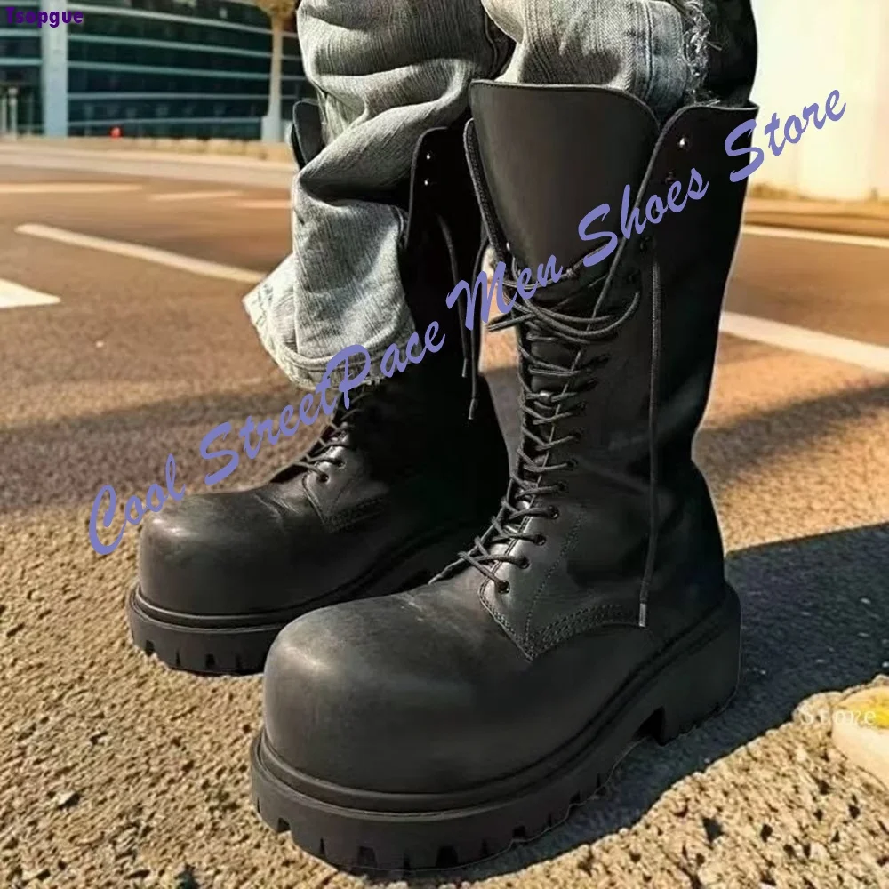 Men Vintage Distressed Leather Mid Calf Combat Boots Big Round Toe Chunky Lug Sole Lace Up Platform Punk Runway Ankle Boots