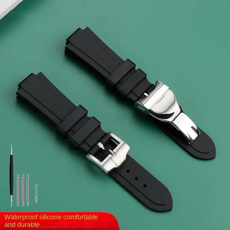 حزام ساعة سيليكون بواجهة محدبة لسلسلة تيودور بيلاجوس توماهوك 25500 25600 حزام ساعة مطاطي مقاوم للمياه ناعم أسود