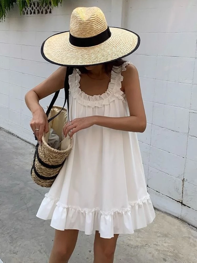 Beach Dresses Women Solid White Chic Simple Lovely Mini Holiday College Sundress Loose Waist Summer French Style Romance Vestido