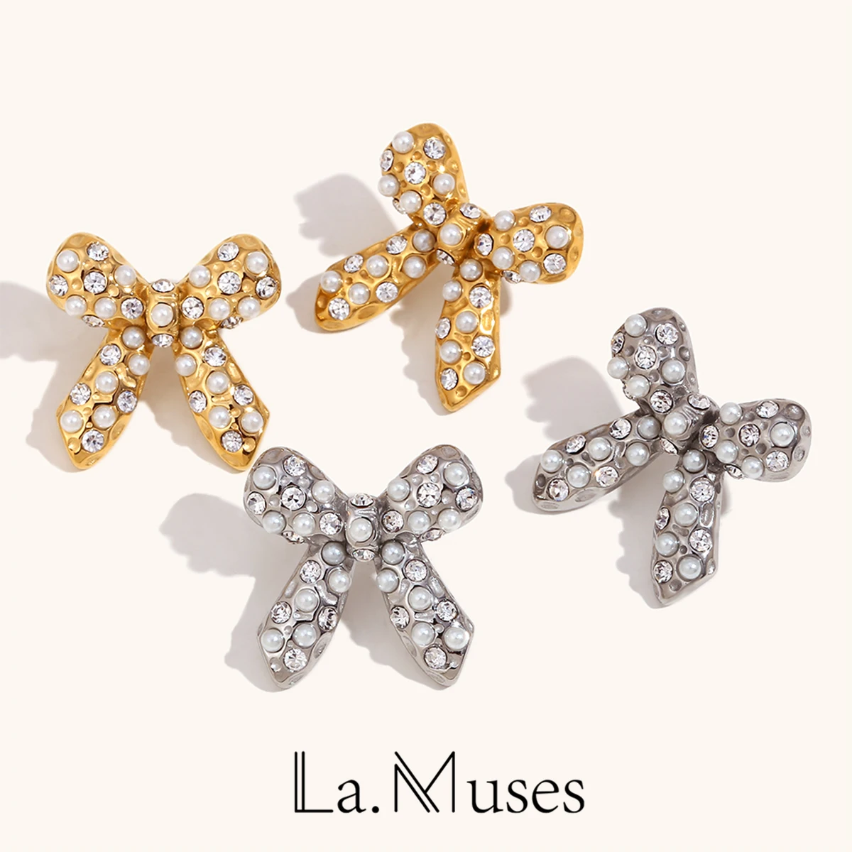 La.Muses New Stainless steel Pearl Zrcon Bow Earrings Woman Waterproof Cережки Daily Wear Jewellery 2024i