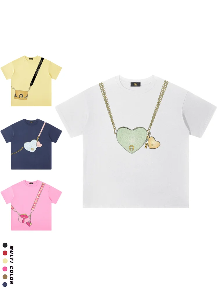 Cute Sweet Summer Girls T-shirt %100Cotton Vacation tourism Wear Child Round neck Top Fun Heart Bag Print Tees Kids short sleeve