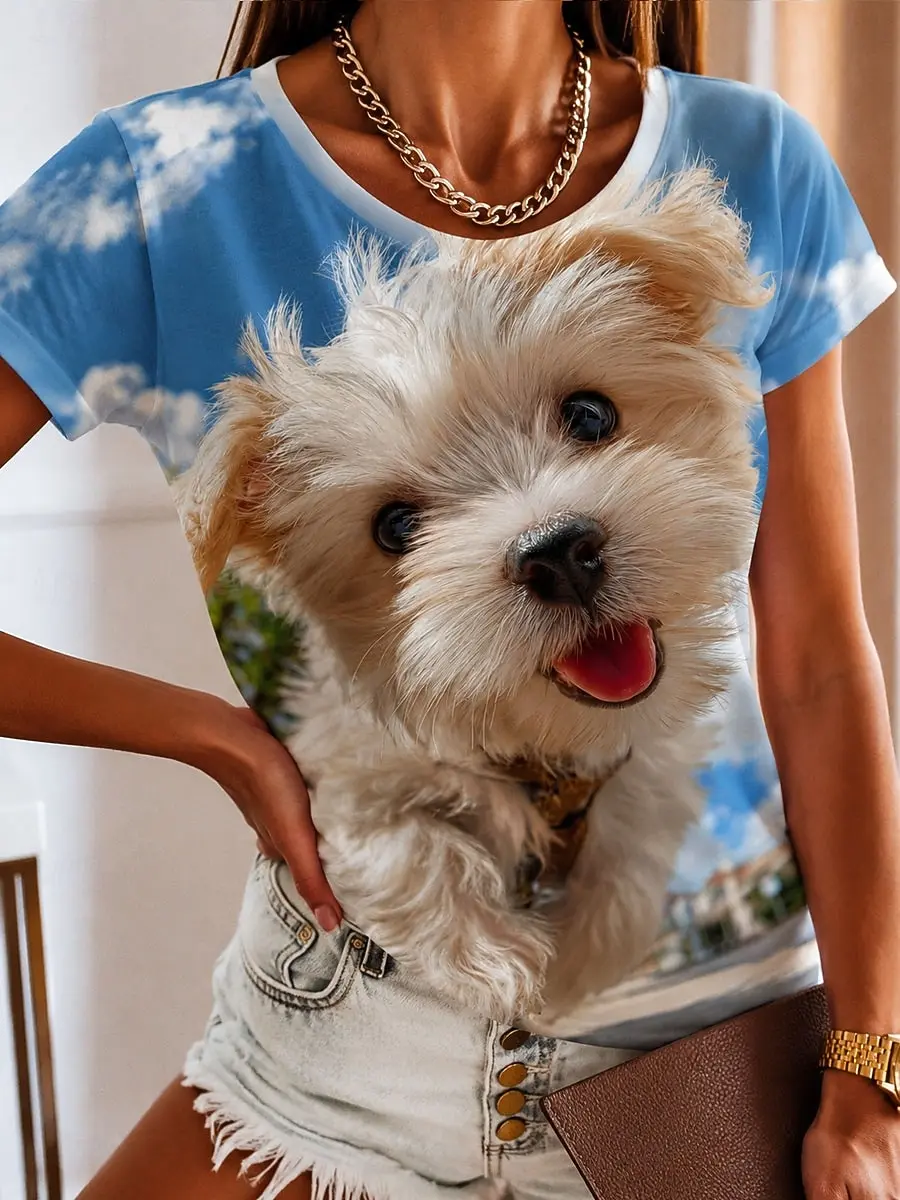 Women's Spring Summer 3D Printed Crew Neck T Shirt, Blue Sky White Cloud Westie Dog Realistic Animal Print Casual Top