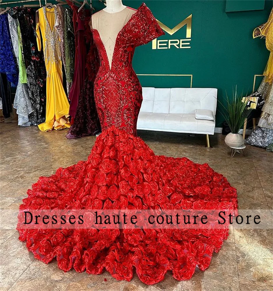 Red Lace Sequins Mermaid Prom Dress For African Black Girls 2025 3D Folwers Formal Party Gowns Evening Dresses Customized