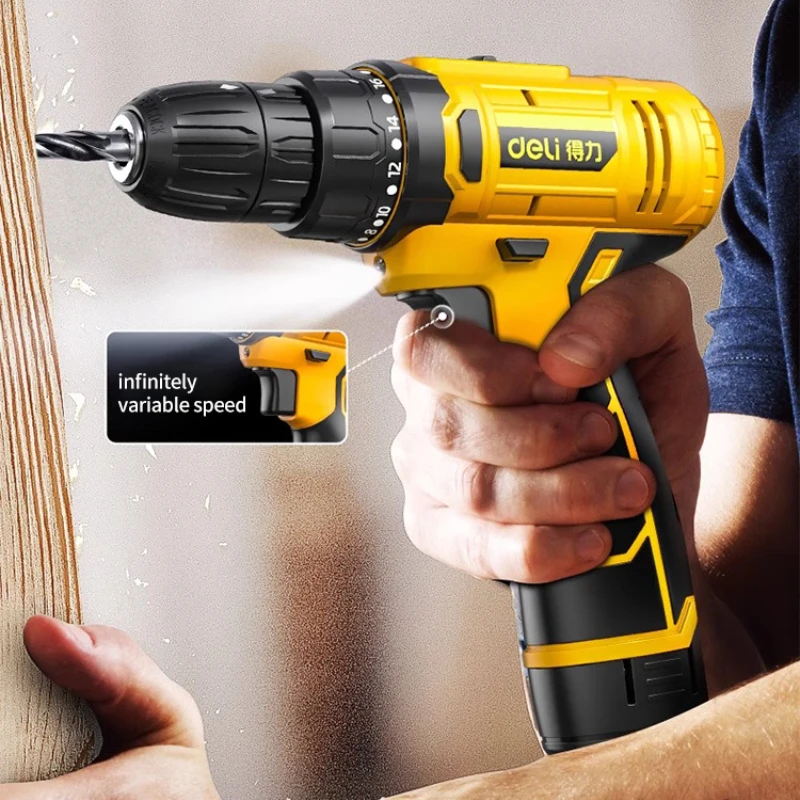 Deli 12V Electric Cordless Drill High-power Lithium Battery Wireless Rechargeable Hand Drill Home DIY Electric Power Tool