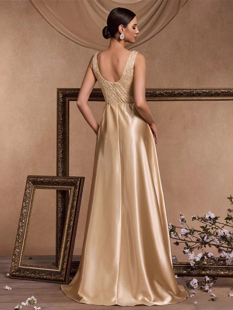 Ele soirée Dr perle Patchwork couleur soie Satin v-ne grande ligne a femmes formelle danse robe de bal taille basse soie