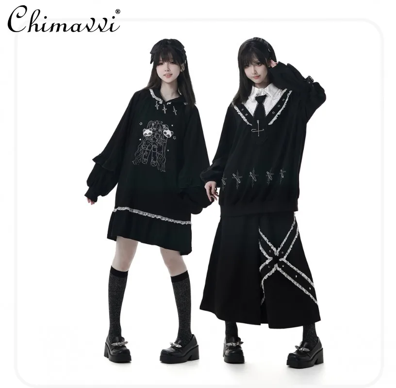 

Autumn Winter New Japanese Ollege Style Sweet Cool Girl Tie Cute Flared Long Sleeve Sweatshirt Top + Skirt Pants Women's Set