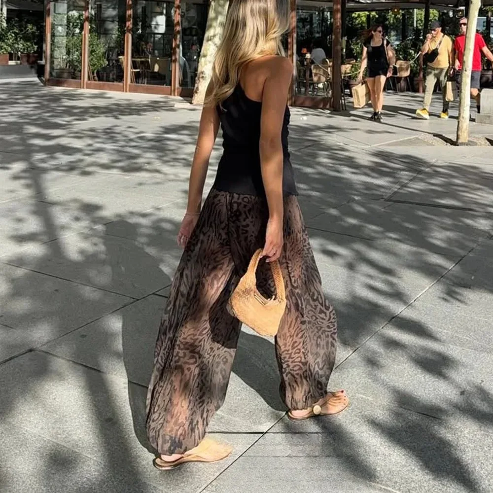 KONDALA Vintage imprimé léopard en mousseline de soie pantalons longs taille haute jambe large lanterne pantalon mode 2025 automne Boho vacances pantalon