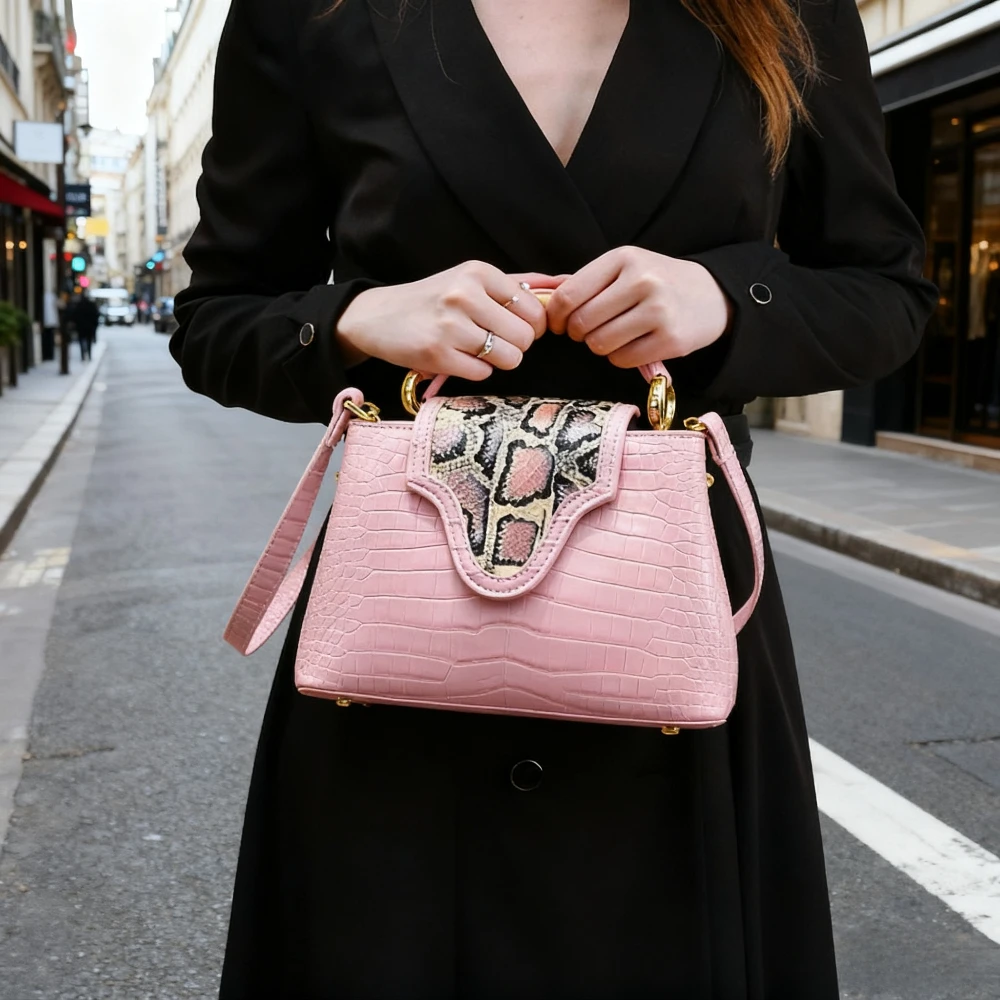 ​ ​ حقيبة يد نسائية فاخرة من الجلد الطبيعي بطباعة بيثون حقيبة كتف كروسبودي عصرية متعددة الاستخدامات ​ ​