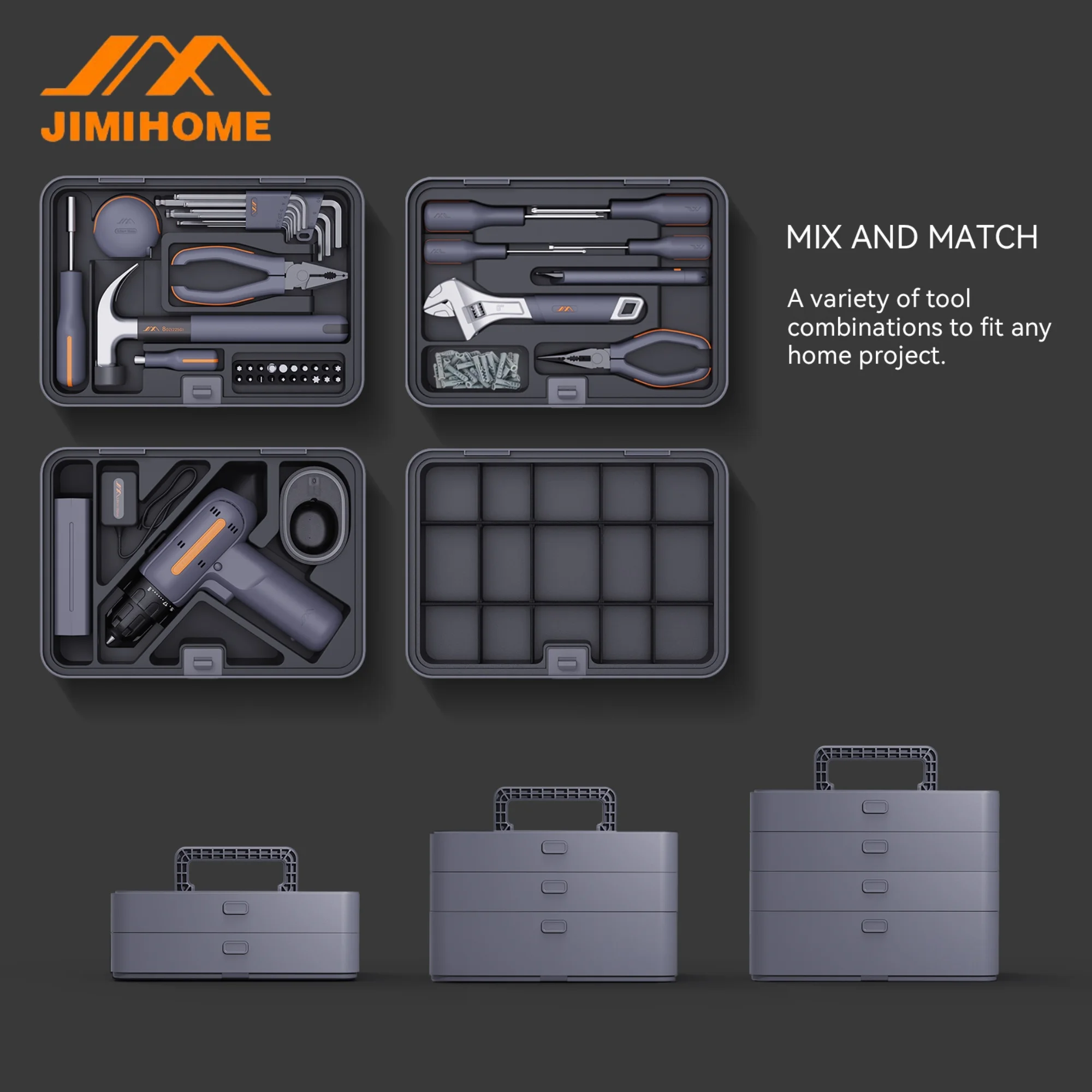 JIMIHOME X4-ABCD Home Combination Tool Box  Layered Free Combination for DIY Hand Tools and Home Repair Tools