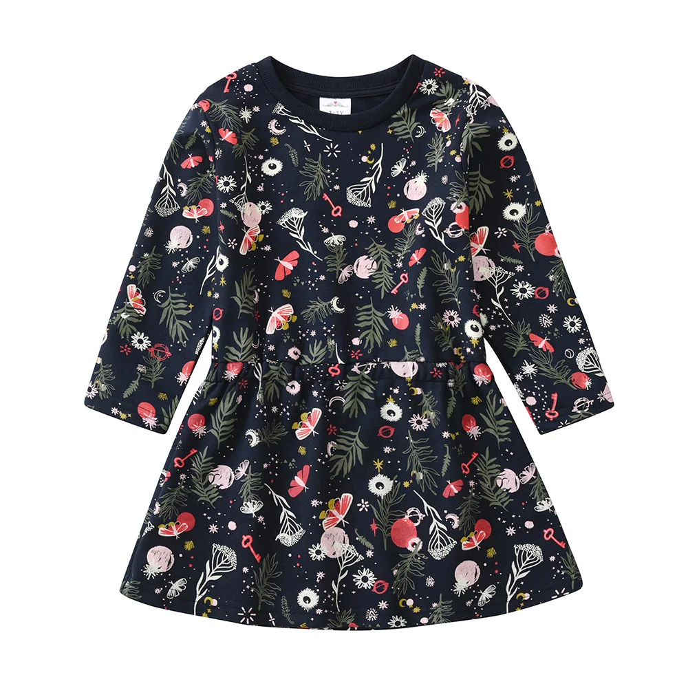 DXTON Winter Children Dresses Girls Casual Long Sleeve Dress Floral Print Kids Vestidos Warm Cotton Toddler Baby Girls Clothing