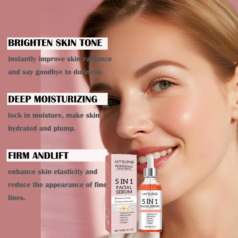 

Jaysuing Hyaluronic Acid Face Serum 5 In 1 Moisturizing Brightening Anti-Aging Vitamin C Shrink Pores Serum Skin Care 30ml