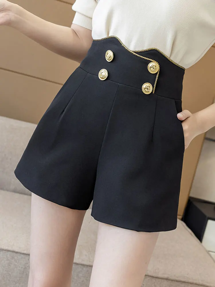 

Vintage Elegant Summer Metal Button High Waisted Shorts Women Fashion Plus Large Size Wide Legs Loose Baggy Short Clothes