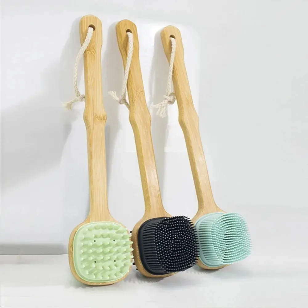 

1Pc Exfoliating Body Massage Silicone Brush Long Head Back Scrubber Shower Brush With Long Wooden Handle Dry Skin Cleaning Tool