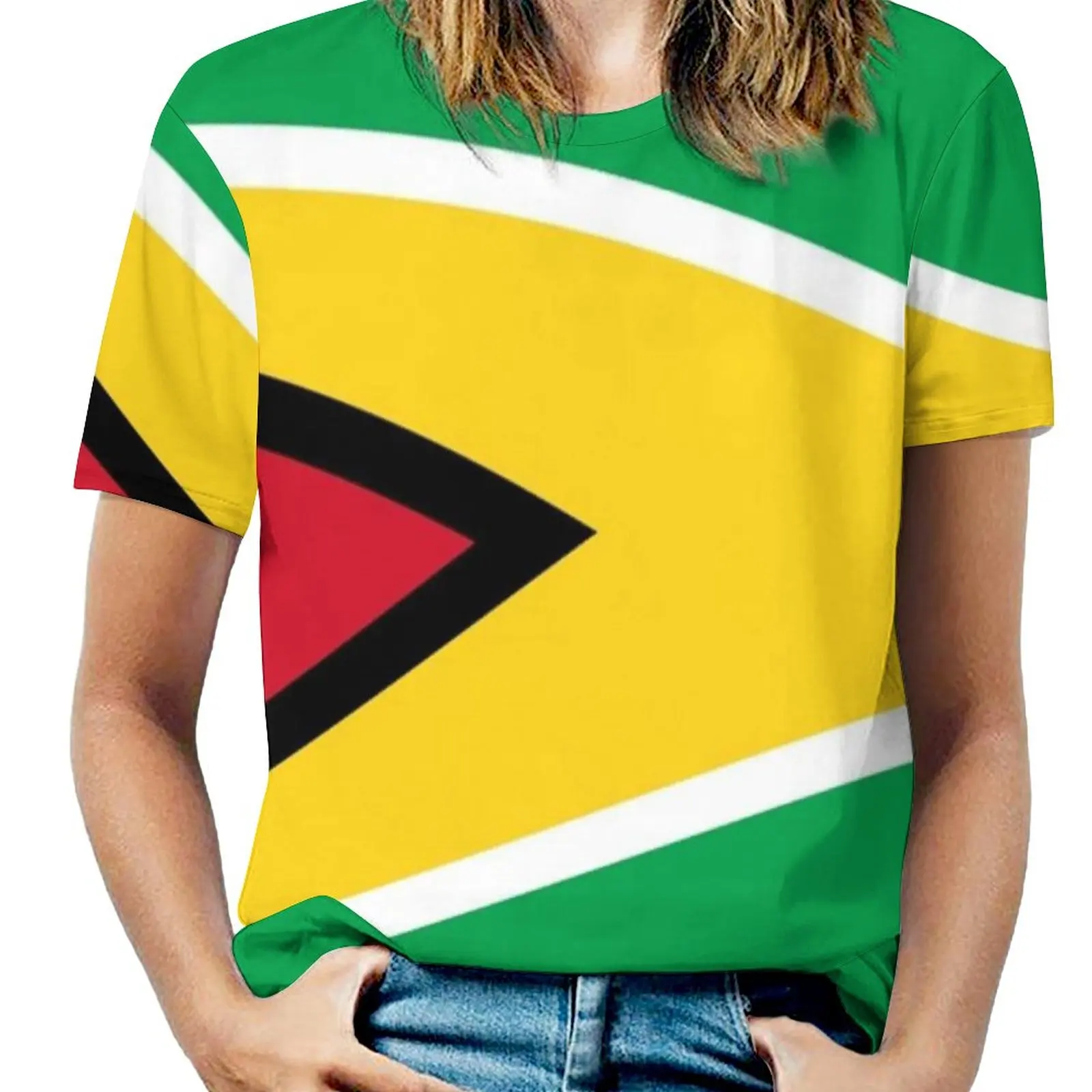 Guyana Flag T-Shirt-Guyanese Sticker Print O-Neck Off-The-Shoulder Top Short-Sleeved T-Shirt Ladies Streetwear Guyana Flag