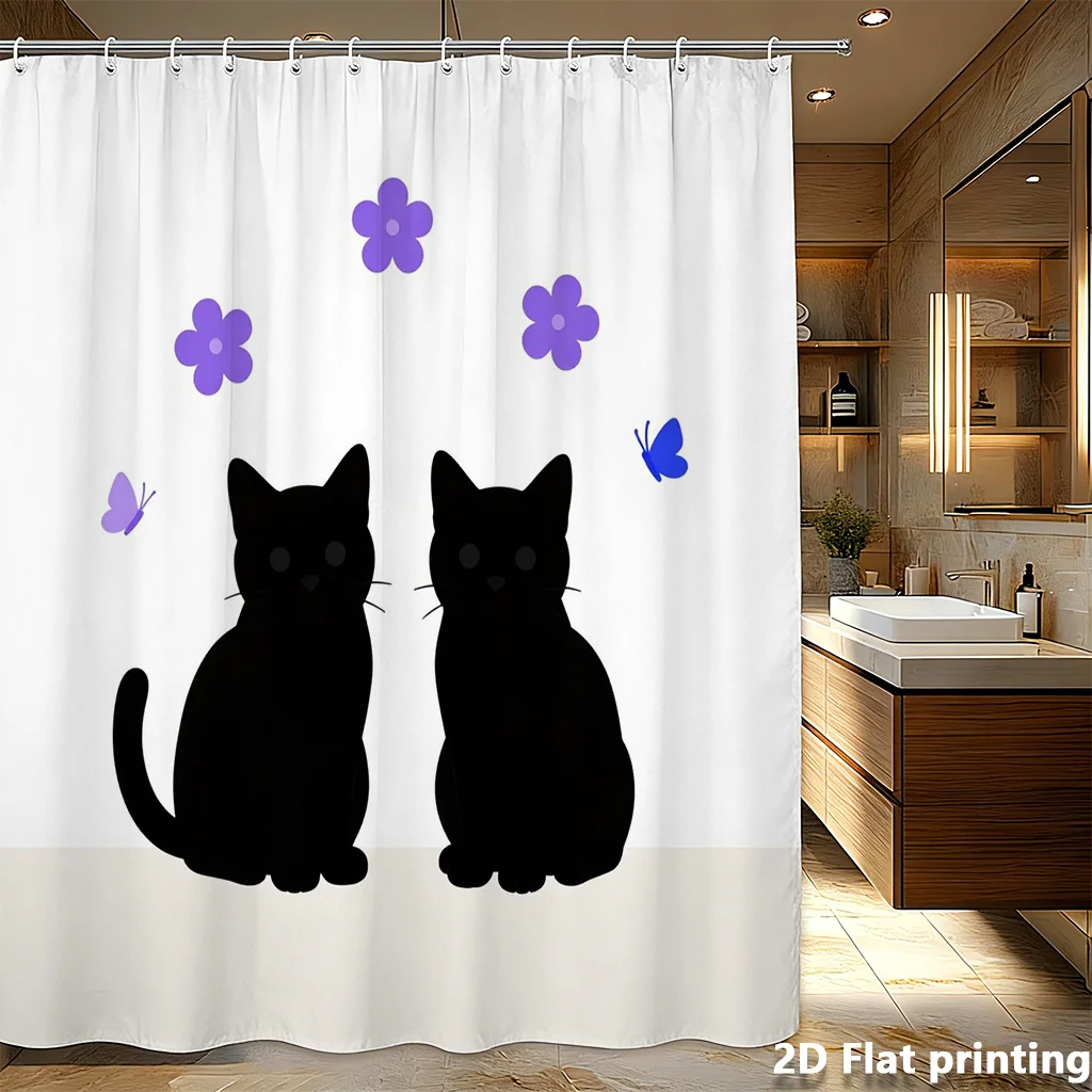 黒猫シャワーカーテン-–-紫の花、青い蝶、2dフラットプリント、ポリエステル、グロメットトップ、71x71インチ