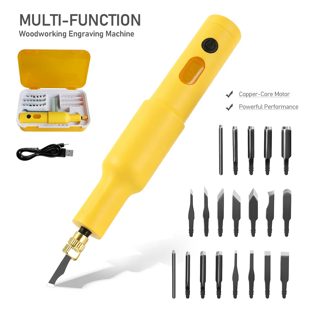

Electric Wood Carving Chisel Set 4.2V 40W Cordless Portable Handheld Woodworking Engraving Tool 20pcs Blades Kit for DIY Craft
