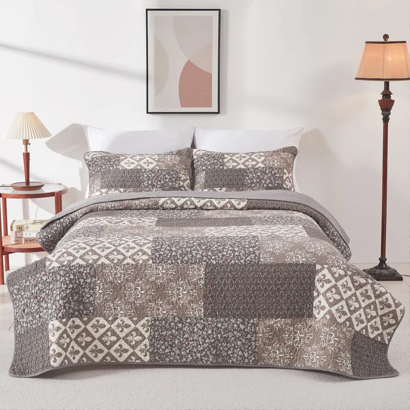 Soft Cotton 3-Piece Quilt Set, Patchwork Printed Quilted Comforter, All Season Warm Lightweight Bedspread & Blanket for Bed
