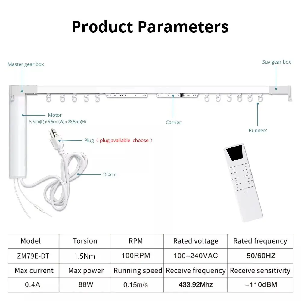 Zemismart Tuya WiFi Electric Silding Curtain Motor with Customized Track RF Remote Control Alexa Google Home Yandex Alice Voice