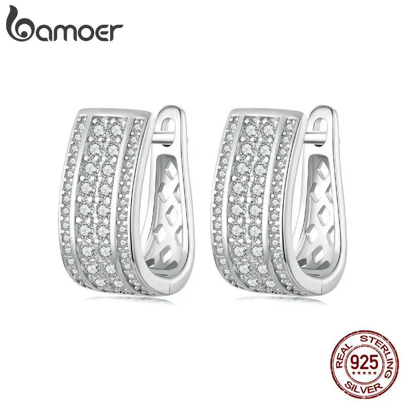 BAMOER 2024 New S925 Silver Sparkling Cube Ear Buckles, White Gold Plated Hypoallergenic luxury CZ Hoop Earrings for Women