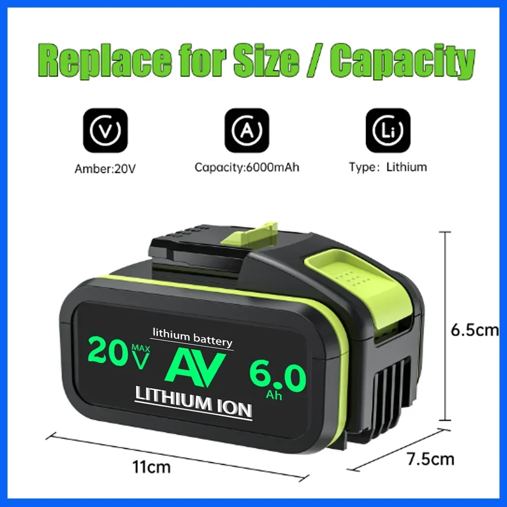 For Worx 20V 6000mAh/6.0Ah lithium-ion battery WA3553 WA3551 WA3572 WA3553 WX390 WX178 WU268 drill bit battery