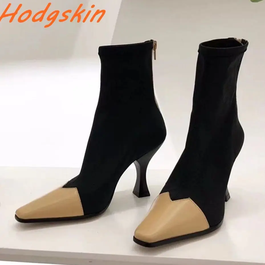 Gemengde Kleuren Sok Laarzen Puntige Neus Rits Stiletto Hakken Stretch Laarzen Nieuwste Klassieke Casual Mode Mid Calf Vrouwen Laarzen