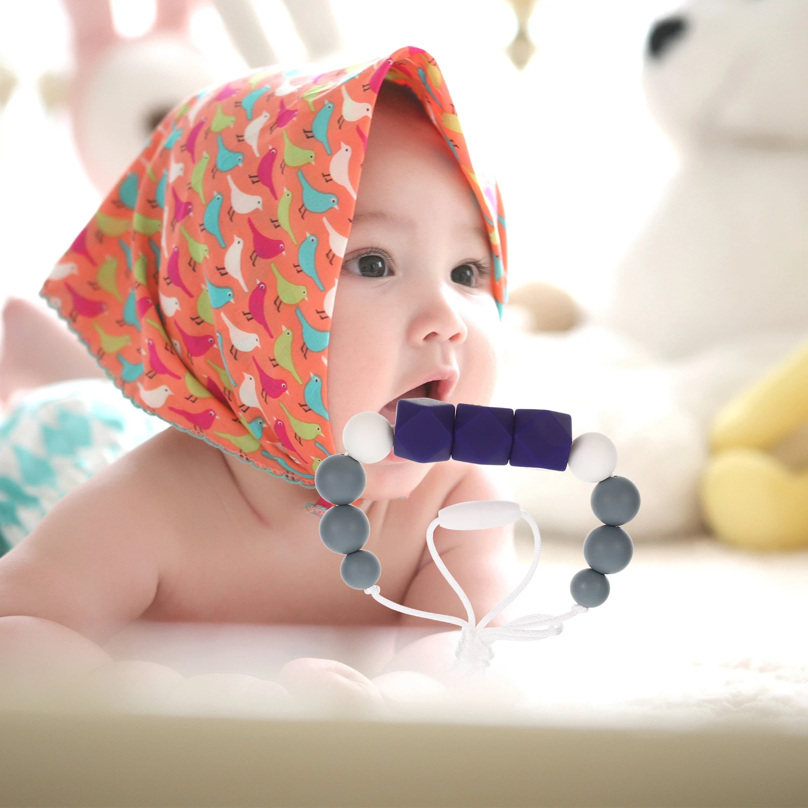 

Baby Necklace Silicone Infant Chew Molar Teether for Babies Girls Toddler Sensory Gum Relief Rosy Chain Teething