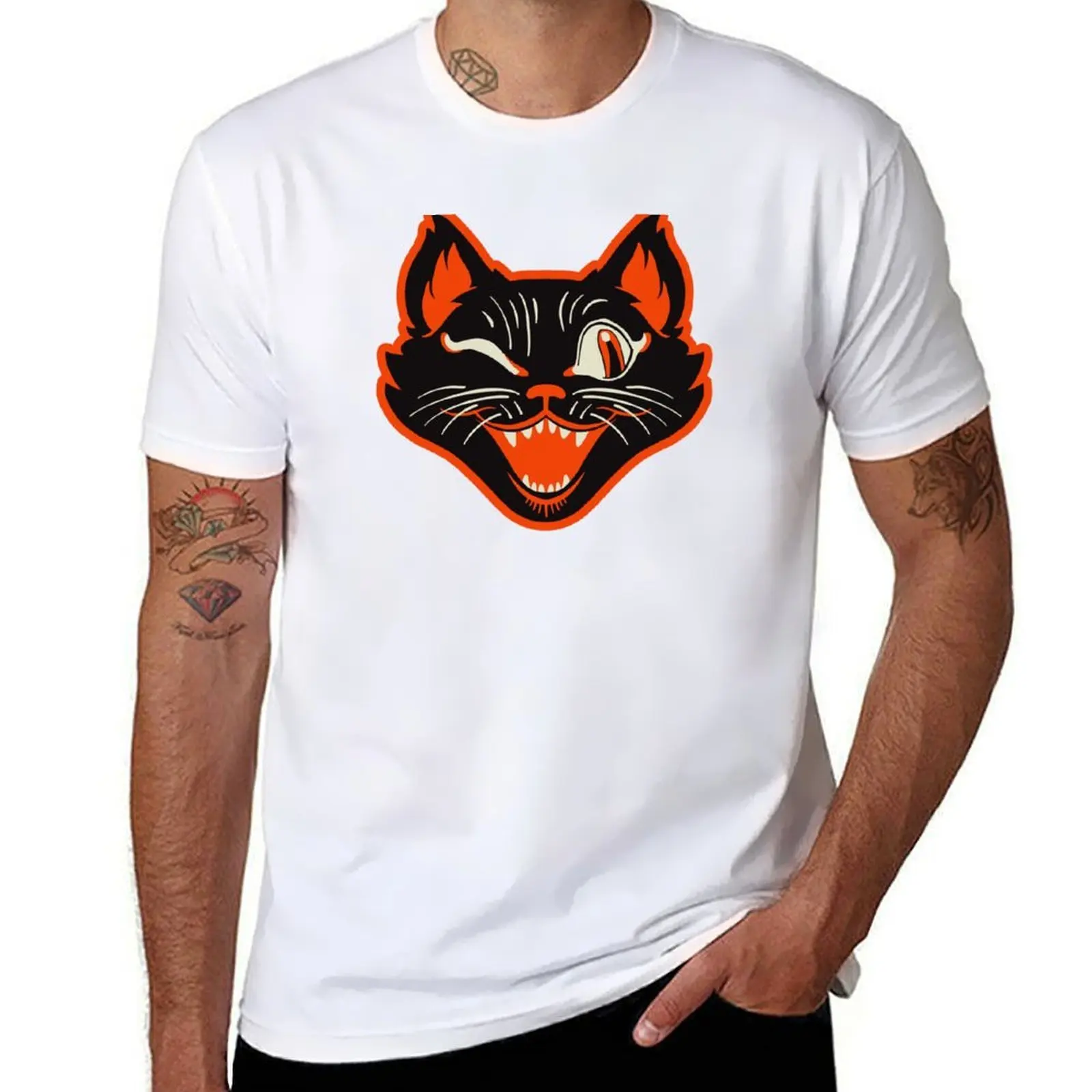 

Retro Vintage Halloween Black Cat Winking Face T-Shirt man t shirts for men T-Shirt