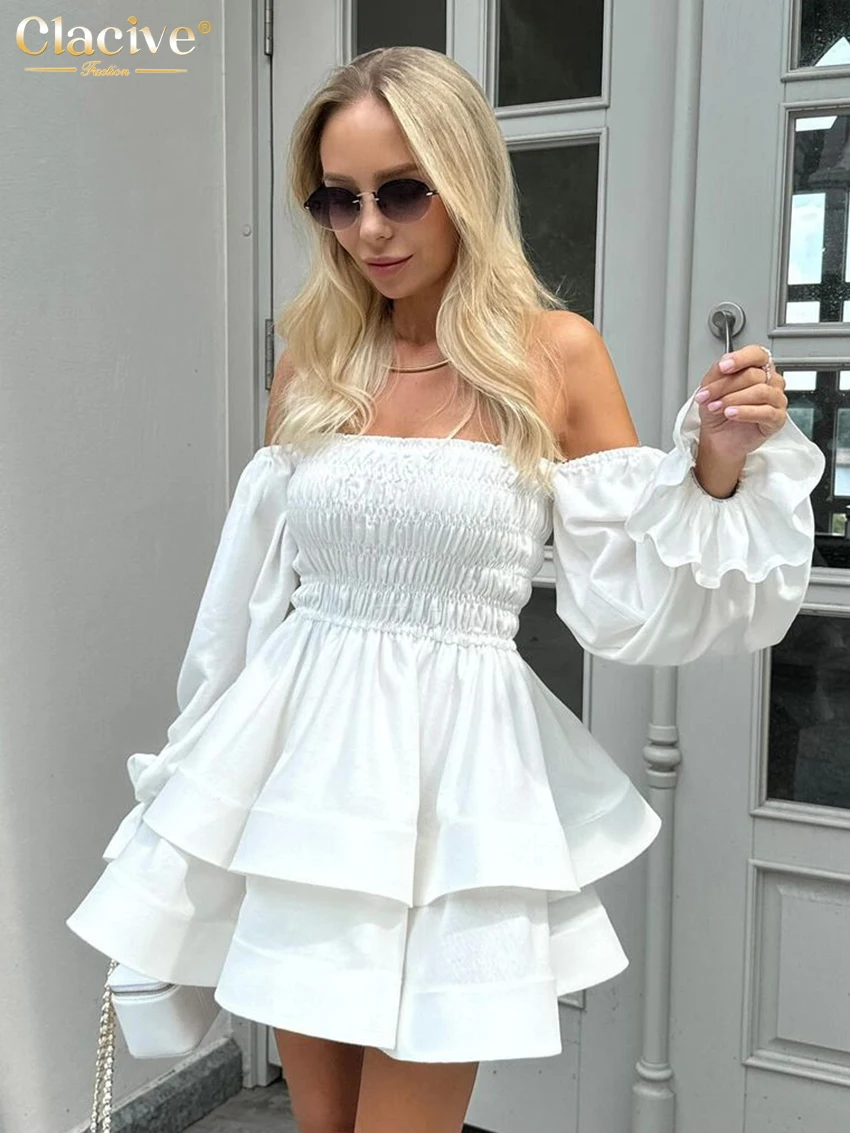 Clacive Sexy Loose White Cotton Women Dress Fashion Slash Neck Long Sleeve Mini Dresses Elegant High Waist Pleated Female Dress
