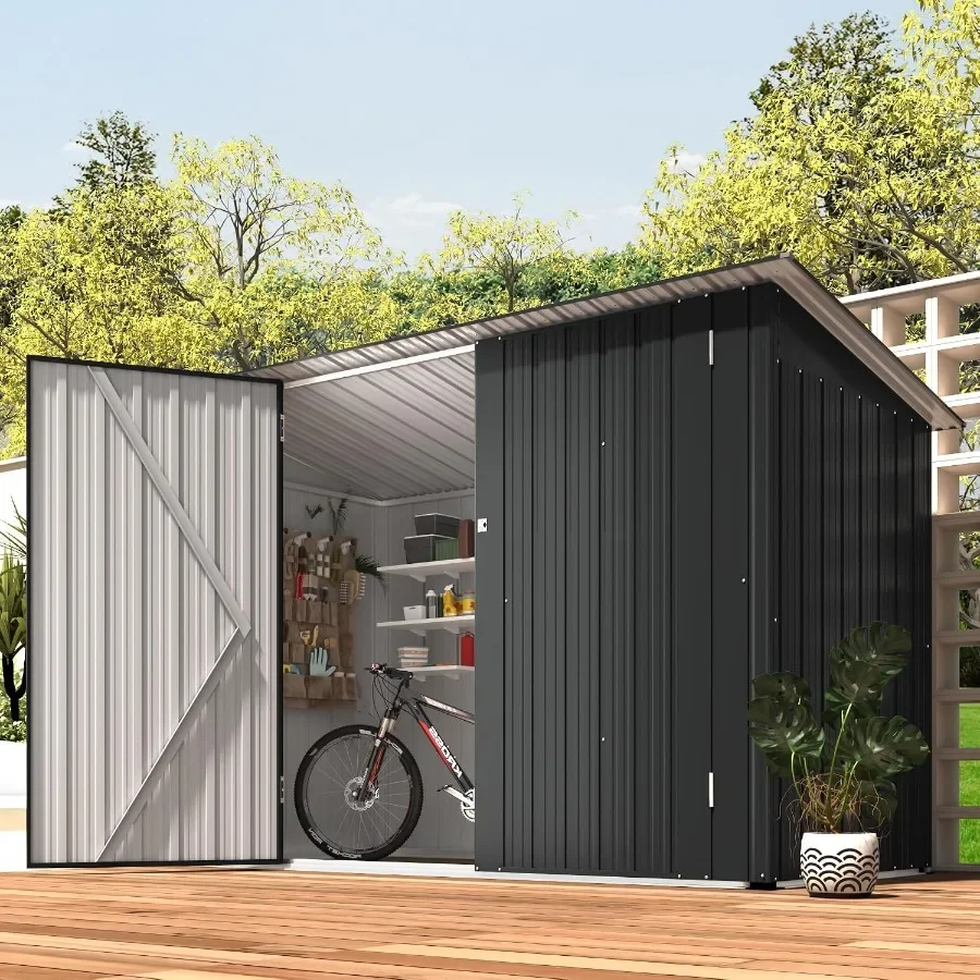 Waterproof Metal Lean to Bike Storage Shed, Small Heavy Duty Garden Tool Shed with Lockable Doors, Ventilated Outside Storage f