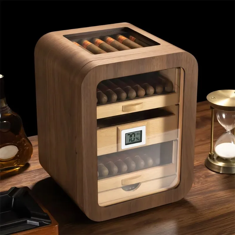 

Lager Capacity Cigar Cabinet Cedar Wood Cigar Humidor Stylish Curved Ebony Light Luxury New Design High-quality Cigar Box