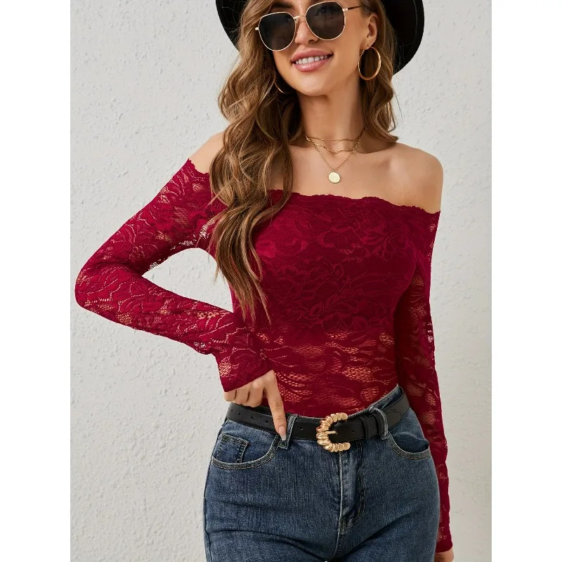 

Elegant Fan-shaped Neckline One-shoulder Off-the-shoulder Lace Slimming T-shirt Long-sleeved Top for Europe America Style 2025