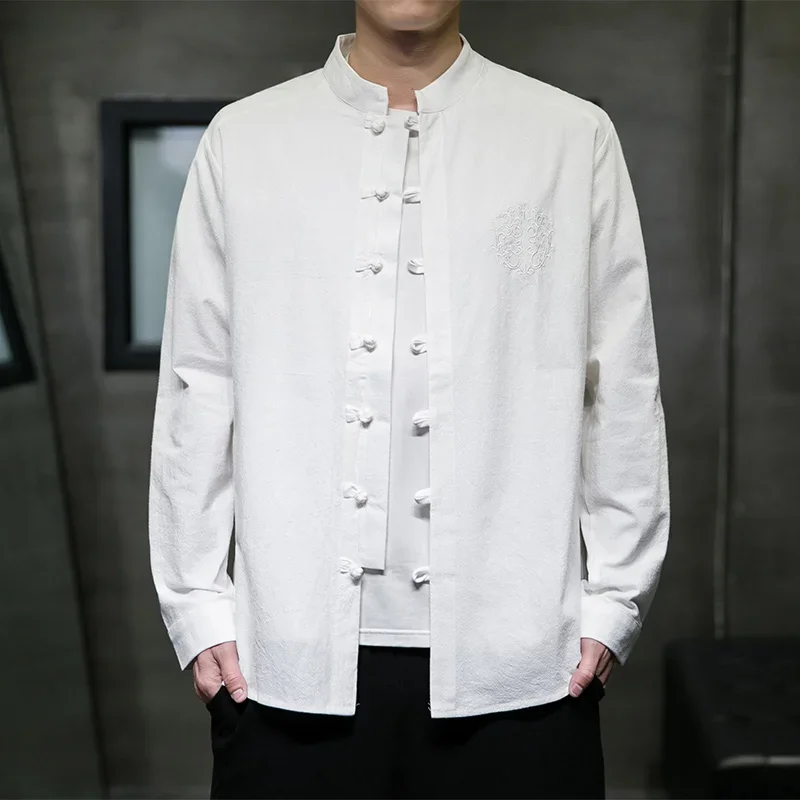 Hot sales Men\'s Shirt Chinese Style Cotton Tang Suit Cardigan Men Embroidered Loose Shirts Traditional Kung Fu Tai Chi Shirt Top