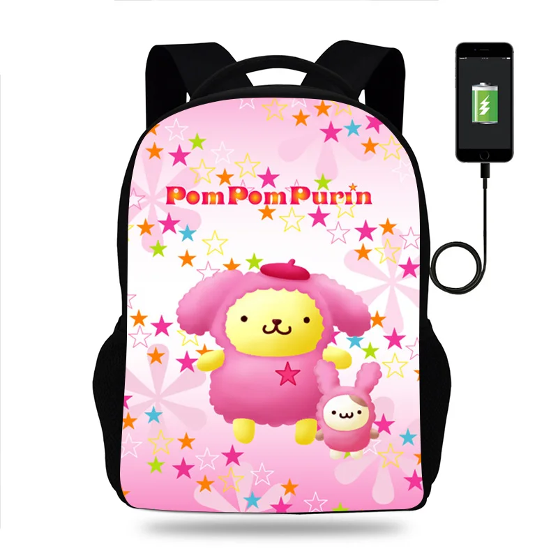 

Школьный рюкзак Sanrio с помпонами и рисунком, рюкзак с зарядкой через USB и принтом, повседневная дорожная сумка на плечо, сумка для книг для мальчиков и девочек