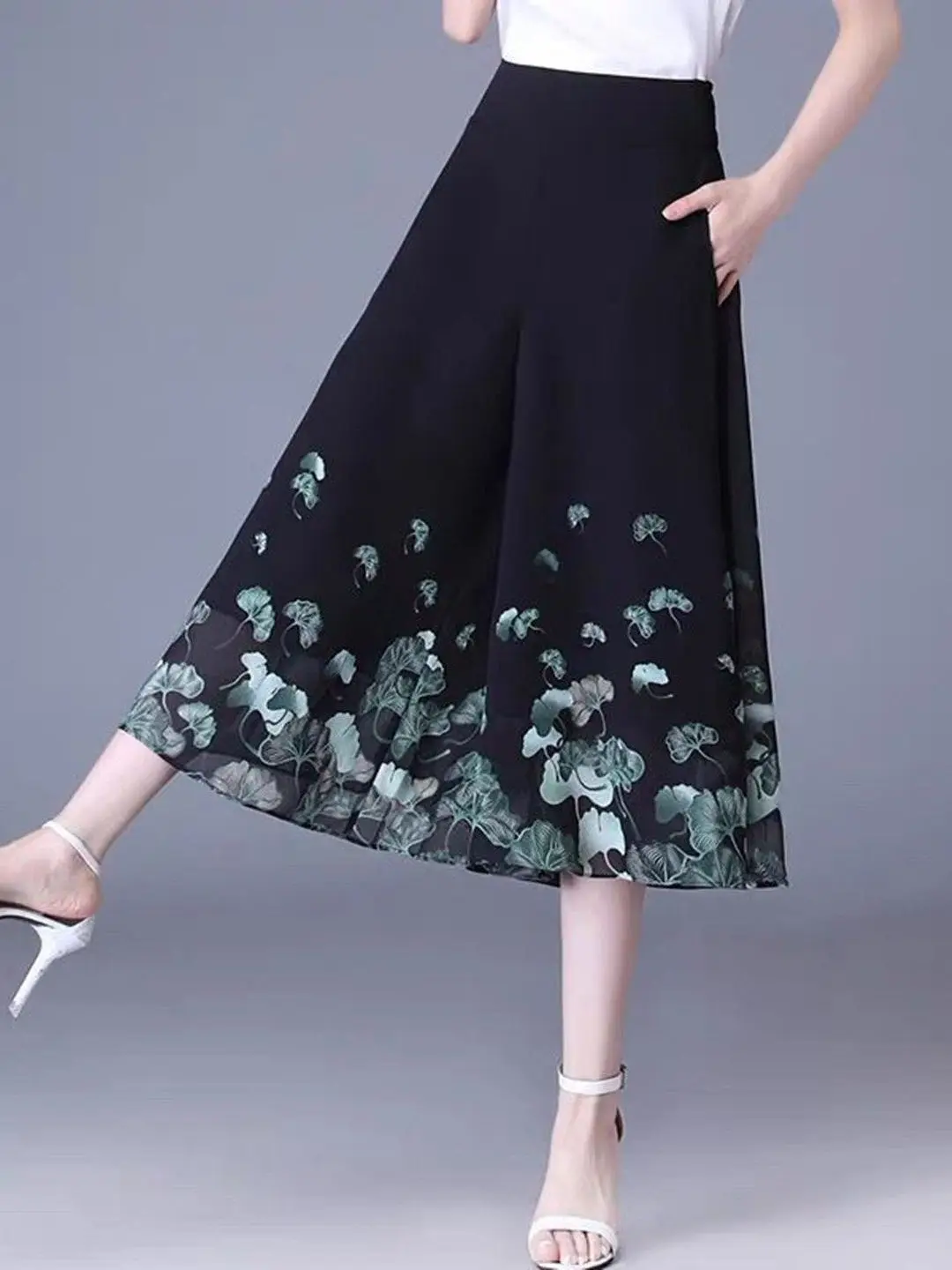 

Summer Thin Wide Leg Pants Women's Ice Silk Draping Chiffon Seven-Foot Mom Skirt Pants High Waist Commute Style Floral Pattern