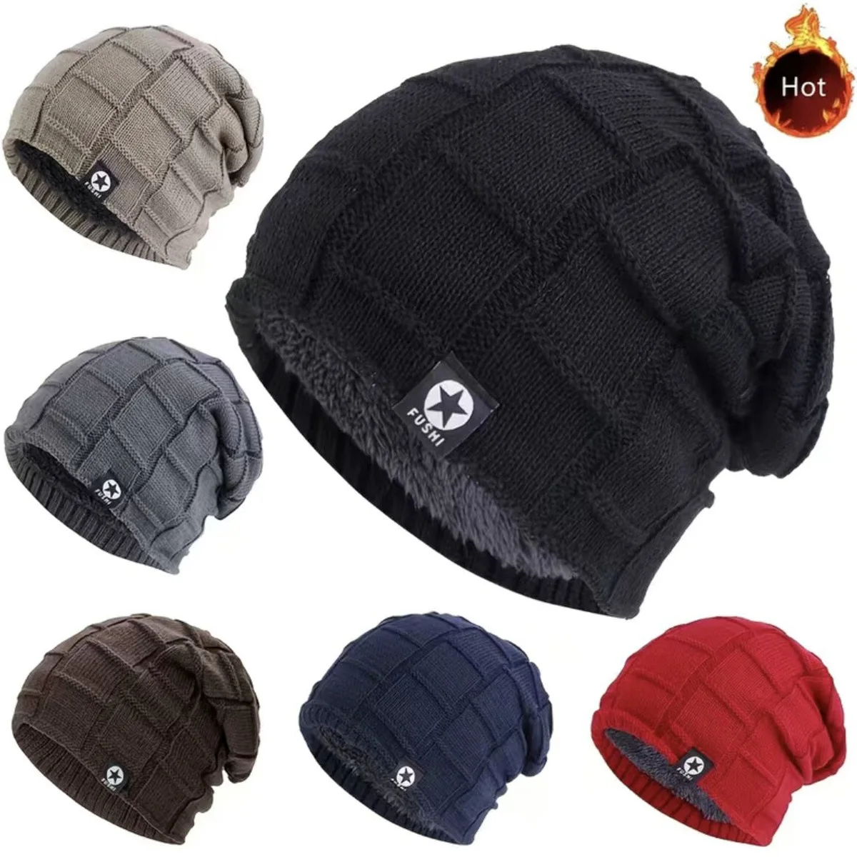 

Winter hat men's thick woolen hat men's and women's autumn and winter warm and velvet pullover hat square grid five-star knitted