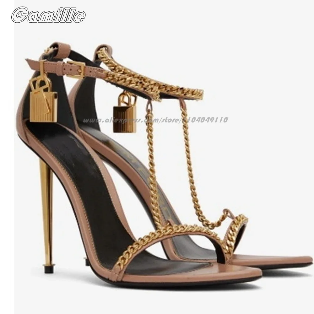 

Patent Leather One Word Belt With Lock Ankle Strap High Heels Metal Chain Luxury Party Sandals Size 34-44 Side Empty 10CM Sandal