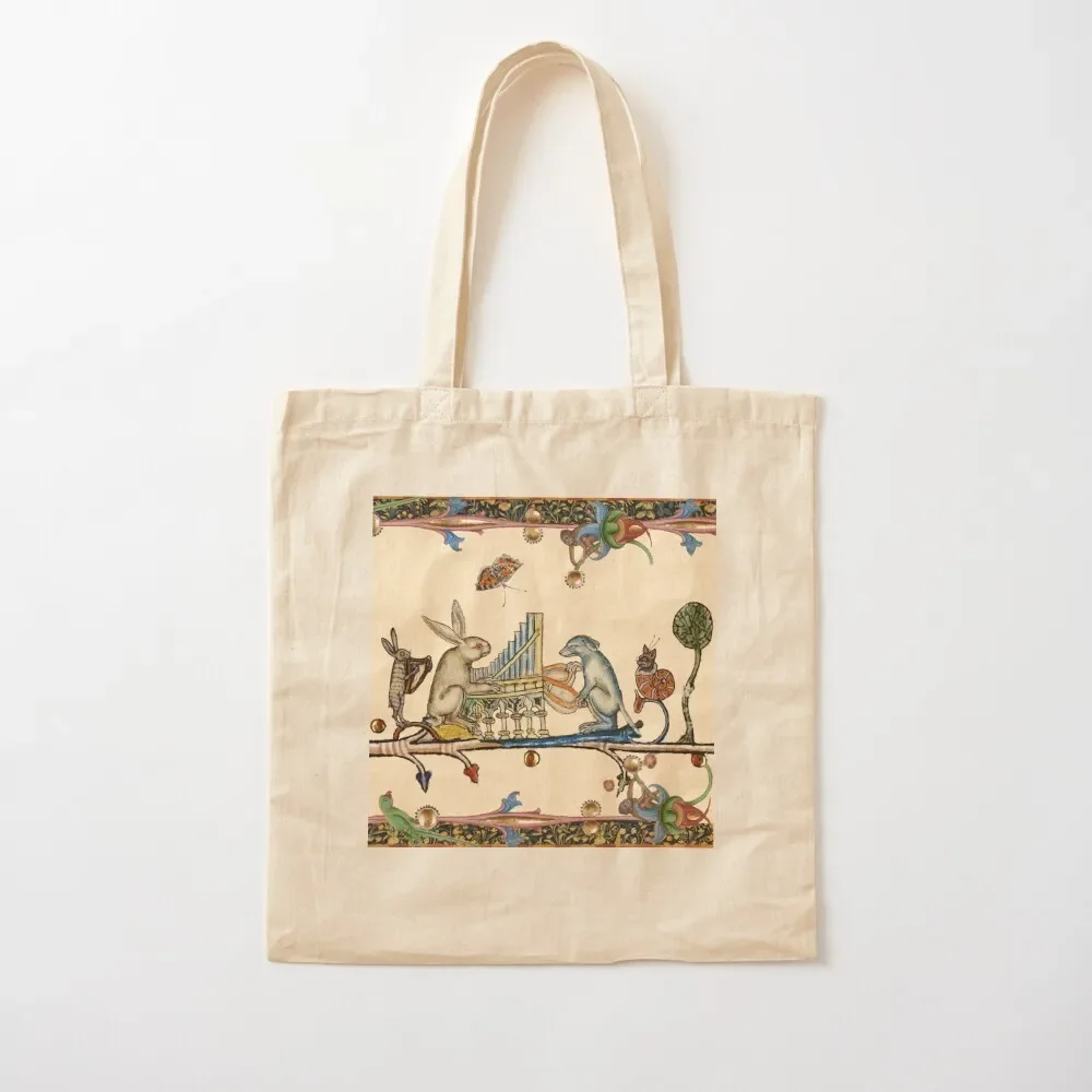 

WEIRD MEDIEVAL BESTIARY MAKING MUSIC,White Rabbit And Dog Playing Organ,Harpist Hare,Snail Cat Tote Bag shopping bag logo Bag