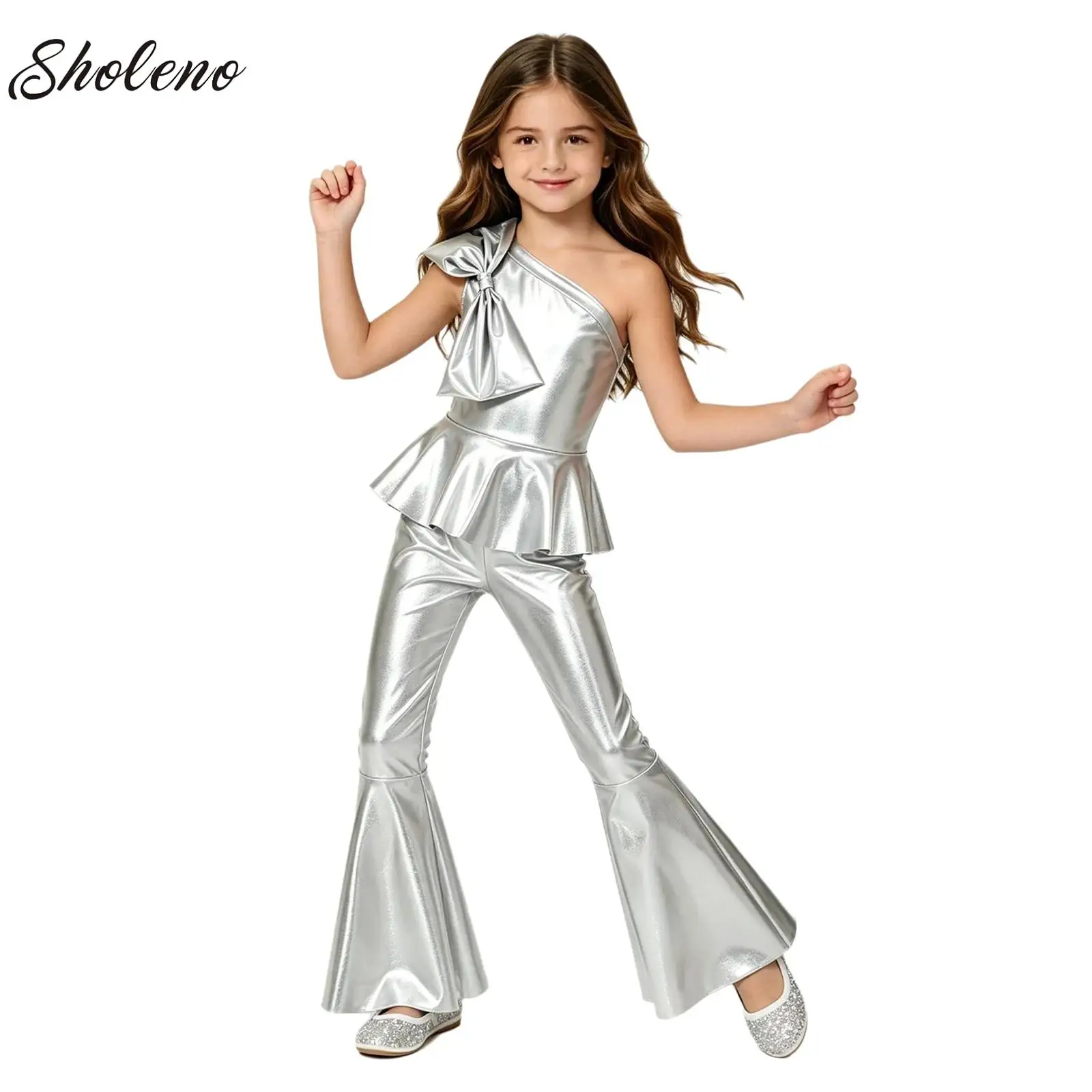 

Teens Girls 70s Disco Rompers Metallic Shiny Bowtie Decor Ruffle Bell Bottom Long Pants Jumpsuit Retro Hip Hop Jazz Dancewear