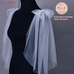 YouLaPan G34 Sparking Bridal Wings Veil with Bow 2PC Wedding Shoulder Veil Removable Sleeves Shrugs for Women Summer Elegant DIY