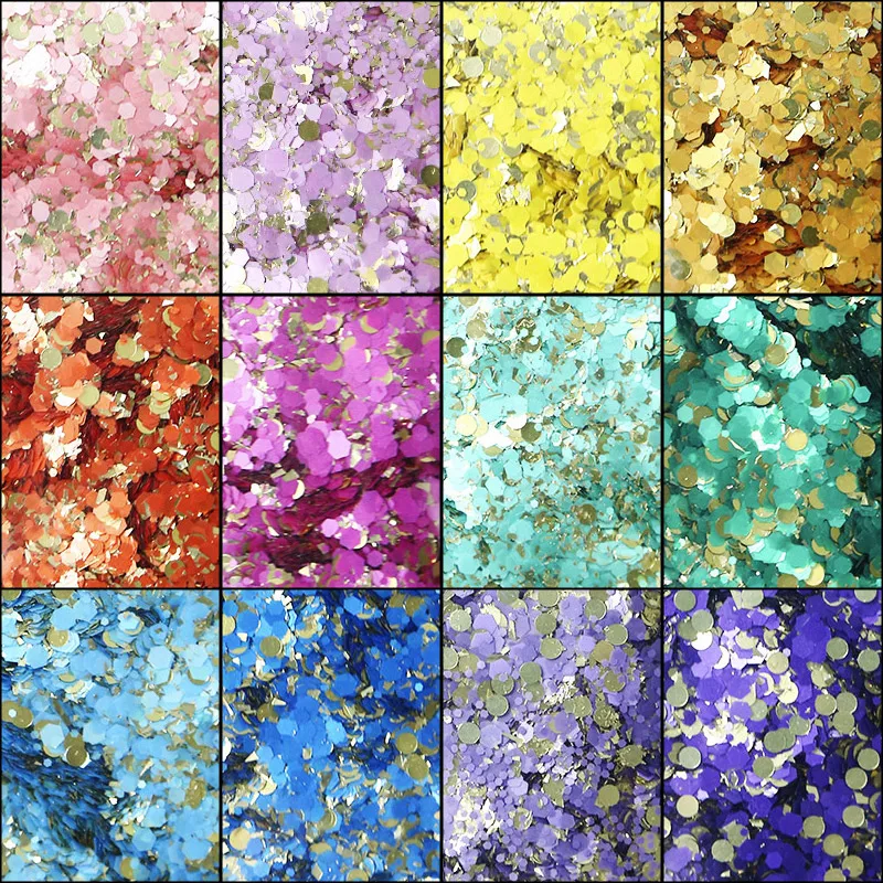 

50g/bag Mermaid Nail Glitter Flakes AB Colors 2 Side Colors Gold Bottom Nail Chunky Round Mix Hexagon Sparkle Loose Glitter BZY5