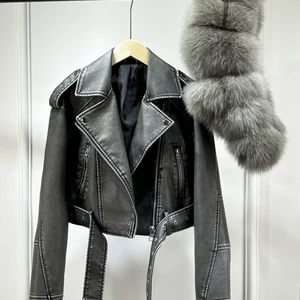 Real Fox Fur Collar معطف قصير من الجلد الصناعي للنساء PU سترة جلدية سحاب عصابات طبيعية خريف شتاء جديد 2024 أعلى 8 مبيعات معطف فرو الثعلب الحقيقي - No2