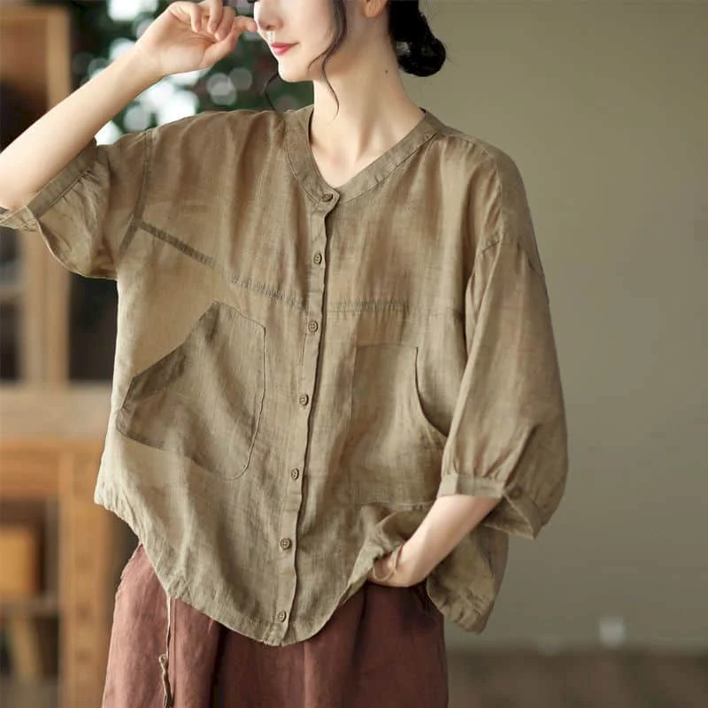 Solid Shirts for Women Half Sleeve O-neck Casual Summer Thin Single Breasted Korean Style Oversized One Piece Blouse Women Tops