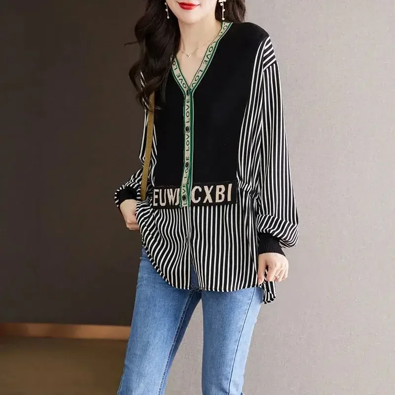 Women Spring and Autumn Fashion Trend New V-Neck Knitted Cardigan Striped Letter Button Splicing Larger Size Long Sleeves Tops