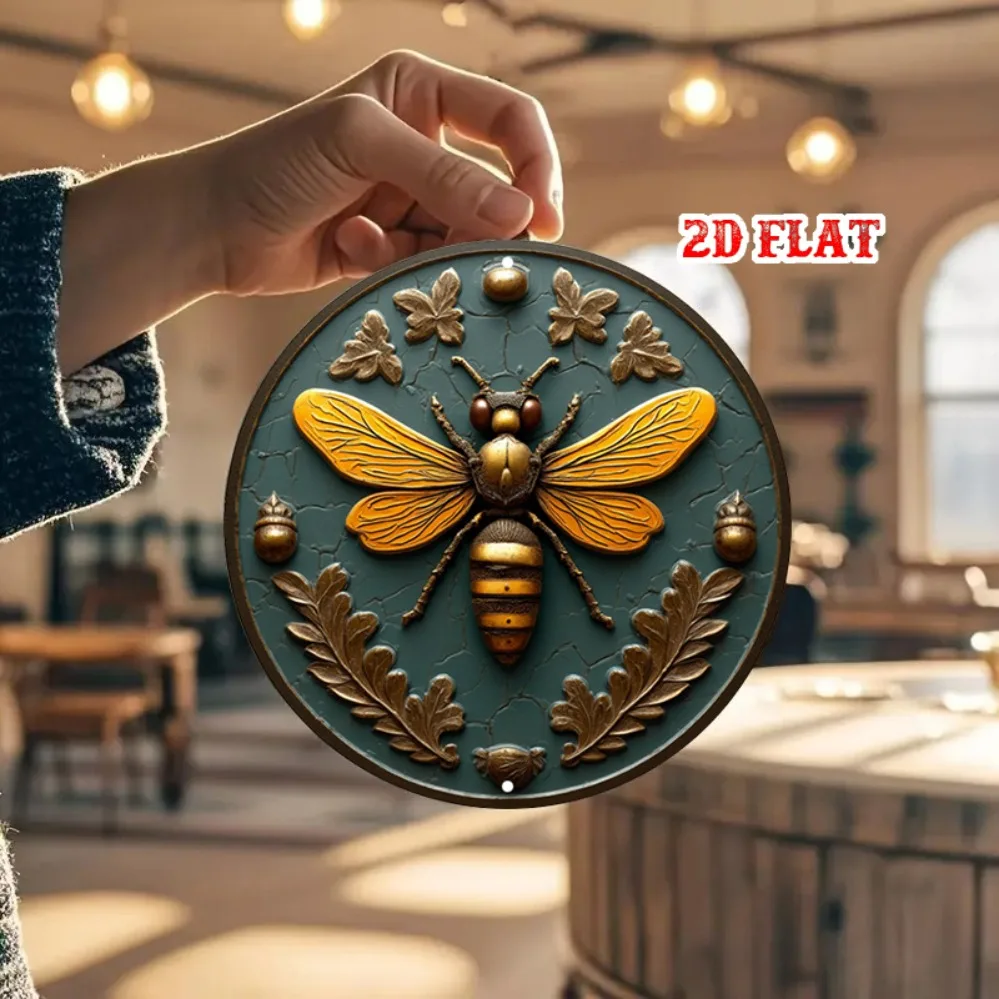 Gold Wings 7,8 Zoll großes, rustikales, rundes Metallschild, Vintage-Insekten-Wandkunst für Zuhause, Garage, Café, Dekoration