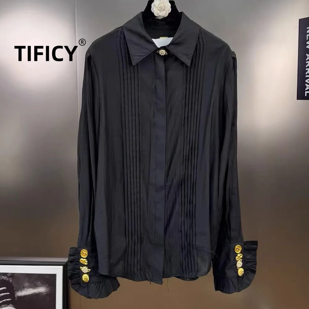 

High Street Shirts Women's Autumn and Winter Metal Buckle Pleated Mushroom Border Palace Style White Medium Length Shirts