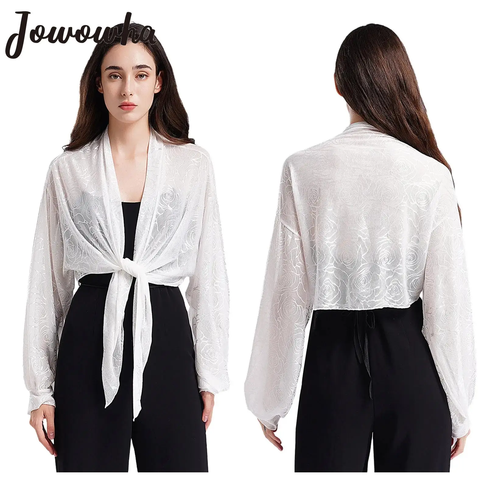 

Women Elegant Floral Sheer Mesh Cardigan Bolero Ladies Wedding Bridal Dress Cover Ups Long Sleeve Open Front Lace-Up Shrug Wraps