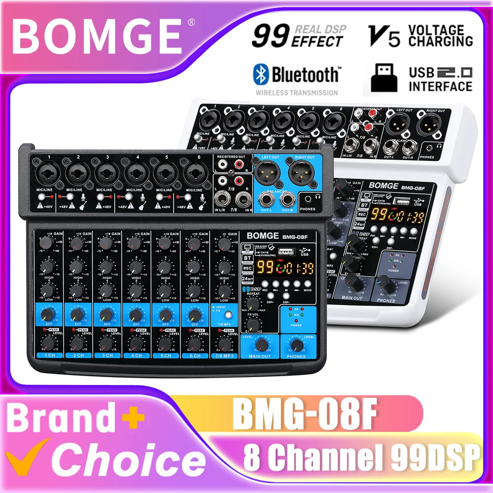 BOMGE BMG-08F 8채널 DJ 오디오 사운드 믹서 인터페이스 믹싱 콘솔(MP3 입력, USB, 블루투스, 48V 전원, 99 DSP 프로세서 포함)
